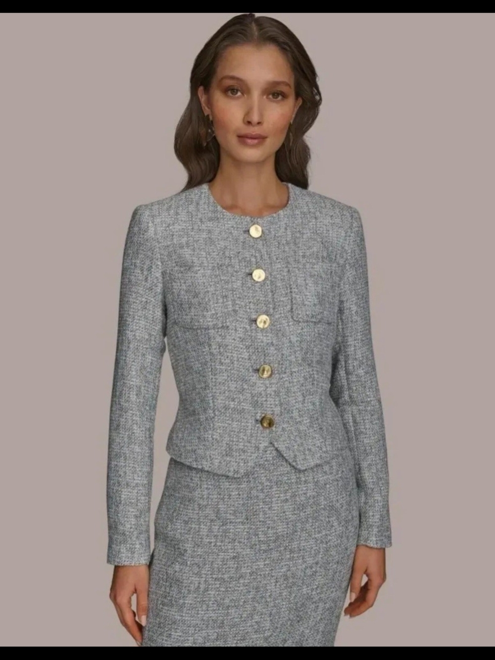 Donna Karan Gray Tweed Button-Front Peplum Jacket